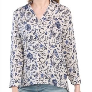 New Rachel Zoe Button Up Shirt Top Blue White Floral Small 100% Linen NWT